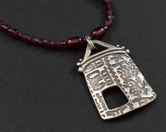 Asian Temple Pendant Necklace in Silver with Garnets and Pearls