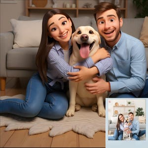 Portrait de dessin animé personnalisé de style Pixar | Oeuvre d'art numérique personnalisée de couples, de familles et d'animaux de compagnie | Illustration de cadeau unique