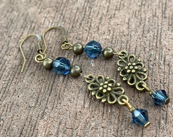 Midnight Blue Crystal and Antique Brass Earrings