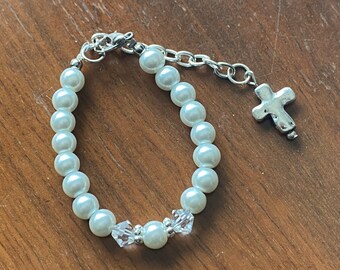 Baptism to Bride 1st Communion White Pearl Swarovski Crystal Bracelet with Silver Cross