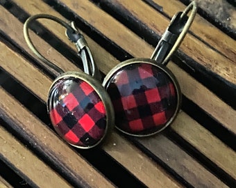 Buffalo Plaid Black and Red Cabochon Dangle Earrings Antique Brass or Silver Plated Lever Back