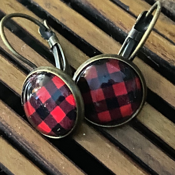 Buffalo Plaid Black and Red Cabochon Dangle Earrings Antique Brass or Silver Plated Lever Back