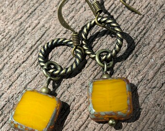 Yellow Czech Glass & Brass Ring Earrings with Antique Brass Hooks