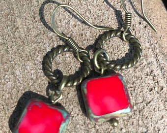 Tomato Red Czech Glass & Brass Ring Earrings with Antique Brass Hooks