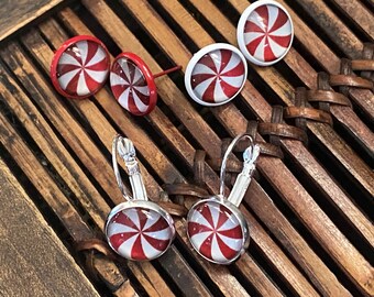 Candy Cane Red and White Cabochon Dangle or Post Style Holiday Christmas Winter Earrings