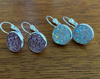 Light Pink or White Ice Druzy Resin Cabochon Silver Plated Lever Back Dangle Earrings