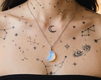 Premium Natural Opal Moon Necklace - Opal Crystal Necklace - Moon Necklace - Celestial Necklace - Crescent Moon Necklace - Gifts For Her