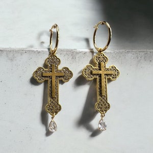 Teardrop Crystal Ancient Cross Hoop Earrings - Gothic Cross Earrings - Gifts For Her