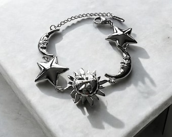 Premium Chunky Sun Moon And Stars Bracelet - Waterproof Celestial Charm Bracelet - Gifts For Her