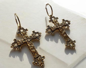 Large Gothic Cross Hoop Earrings - Cross Earrings - Gothic Earrings - Gifts For Her