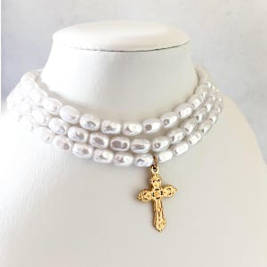 Triple Gothic Pearl Cross Choker Necklace -  Pearl Cross Choker Necklace - Gifts For Her