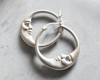 Moon Hoop Earrings - Moon Face Hoop Earrings - Gothic Moon Earrings - Gifts For Her
