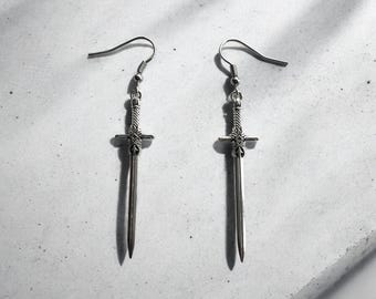 Dainty Gothic Sword Drop Earrings – Antique Finish