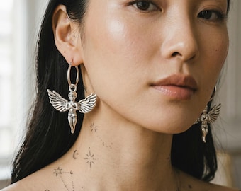 Large Gothic Angel Hoop Earrings - Angel Earrings - Guardian Angel Earrings - Gifts For Her