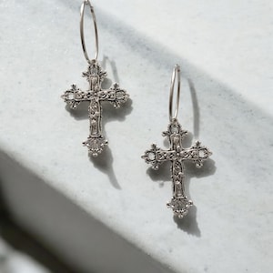 thumbnail interactive-video image 1 of 9K Gold Filled Vintage Gothic Cross Hoop Earrings – Simulated Diamond, Unisex 1 of 4