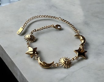 Premium Dainty Sun Moon And Stars Bracelet - Waterproof Celestial Charm Bracelet - Gifts For Her