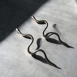 May include: Two silver snake-shaped door handles, each with a curved body and a pointed tail.