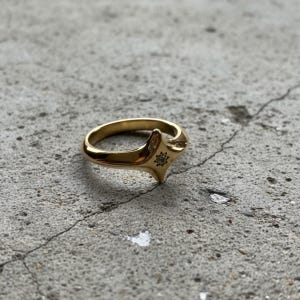 Könnte beinhalten: Ein goldfarbener Ring mit einem Sternmuster. Der Ring hat eine glatte, polierte Oberfläche und eine einzigartige Form mit einem spitzen Ende und einem gebogenen Band. Der Stern ist mit einem kleinen, funkelnden Stein besetzt. Der Ring ist wahrscheinlich aus Metall.