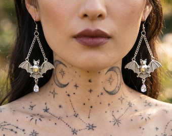 Large Gothic Bat Earrings - Alternative Jewellery - Statement Teardrop Goth Earrings