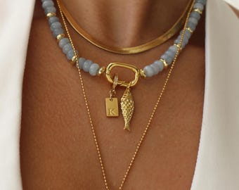 Aquamarine Jade Beaded Necklace with Gold Fish Charm | Blue Gemstone Choker | Beach Jewelry Gift for Her | Boho Summer Necklace