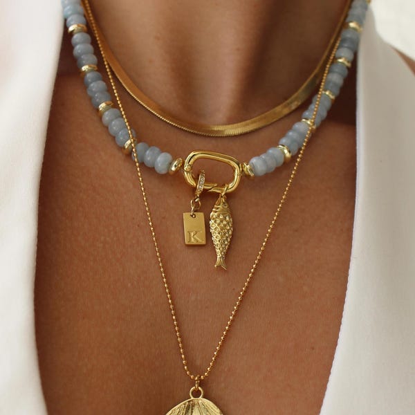 Aquamarine Jade Beaded Necklace with Gold Fish Charm | Boho Beach Jewelry