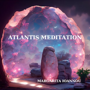 Puede incluir: Una formación rocosa rosa y morada con una galaxia giratoria en su interior. El texto "ATLANTIS MEDITATION" está escrito en letras blancas en la parte superior de la roca. El texto "MARGARITA IOANNOU" está escrito en letras blancas en la parte inferior de la imagen.