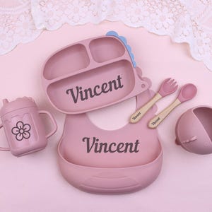 Personalized Silicone Weaning Set, Custom Baby Plate, Cartoon Weaning Set for Toddler Baby Kids, Feeding Set with Name, Baby Shower Gift