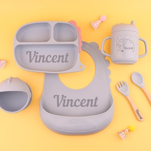 Personalized Silicone Weaning Set, Custom Baby Plate, Cartoon Weaning Set for Toddler Baby Kids, Feeding Set with Name, Baby Shower Gift