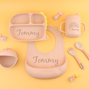 Personalized Silicone Weaning Set, Custom Baby Plate, Cartoon Weaning Set for Toddler Baby Kids, Feeding Set with Name, Baby Shower Gift