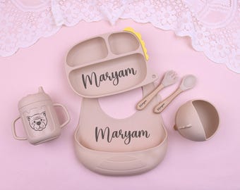 Personalized Silicone Weaning Set, Custom Baby Plate, Cartoon Weaning Set for Toddler Baby Kids, Feeding Set with Name, Baby Shower Gift