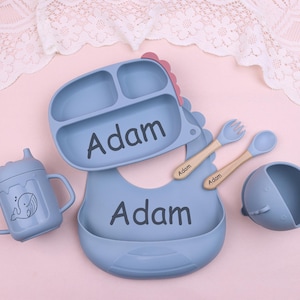 Personalized Silicone Weaning Set, Custom Baby Plate, Cartoon Weaning Set for Toddler Baby Kids, Feeding Set with Name, Baby Shower Gift