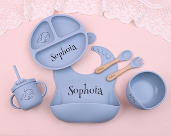 Set per lo svezzamento in silicone personalizzato, piatto per bambini personalizzato, set per lo svezzamento con cartoni animati per bambini piccoli, set per l'alimentazione con nome, regalo per baby shower