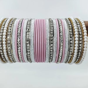 Indian wedding bangle set,stones and pearl work, Silver Pink Bangles , Wedding Bangles, Nikah Jewellery, Festive Jewellery, Indian Jewellery