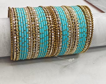 Sky Blue & Gold Bangle Set, Indian Pakistani Jewelry