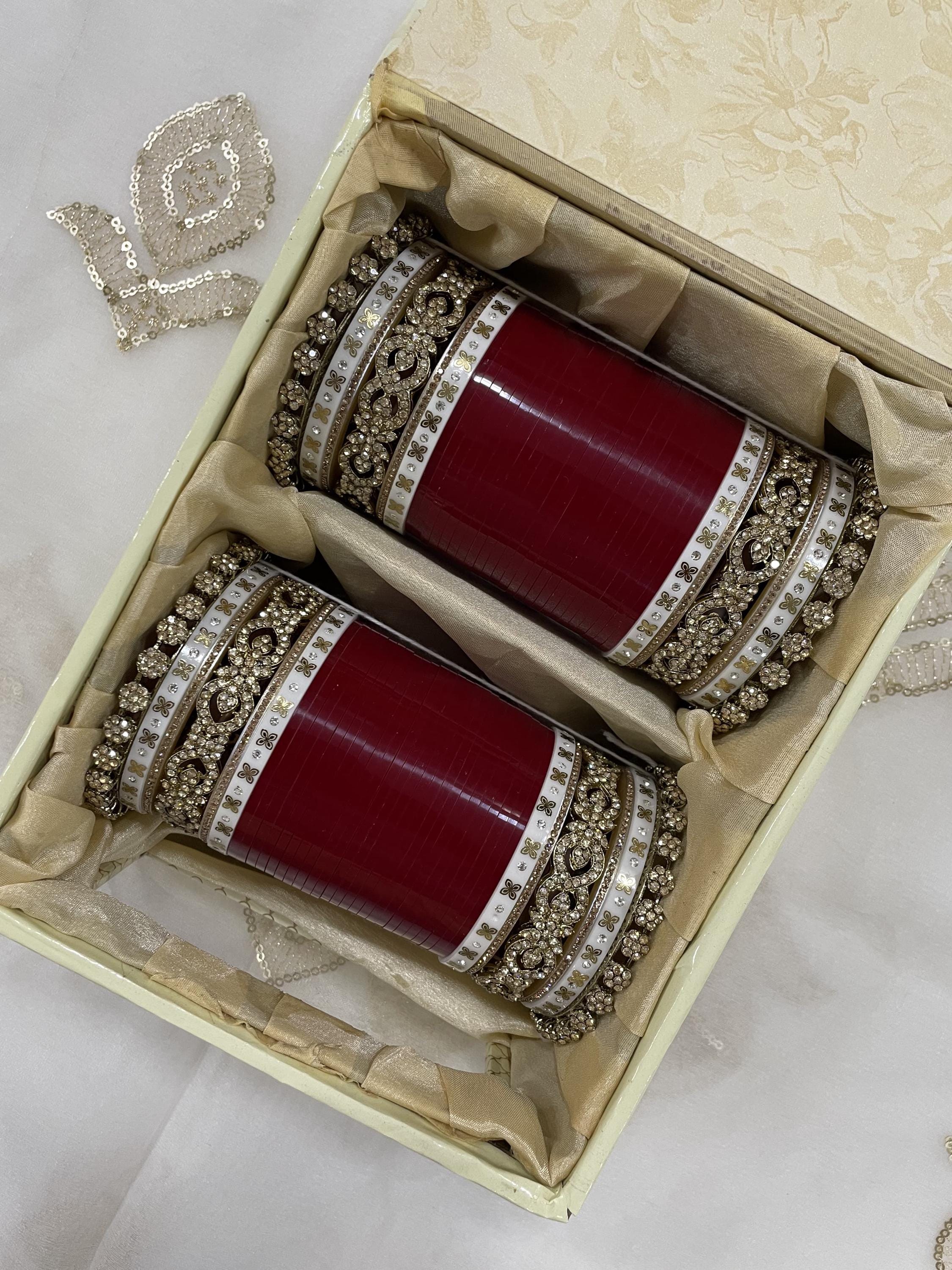Red Bridal Chura Bangle Set – Gold Stone Kadas, Punjabi Wedding