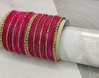 Hot Pink and Golden Indian Bangle Set, Pakistani and Indian Bangles for  wedding and Nikah Indian bangle set, Pakistani Jewellery for Nikah