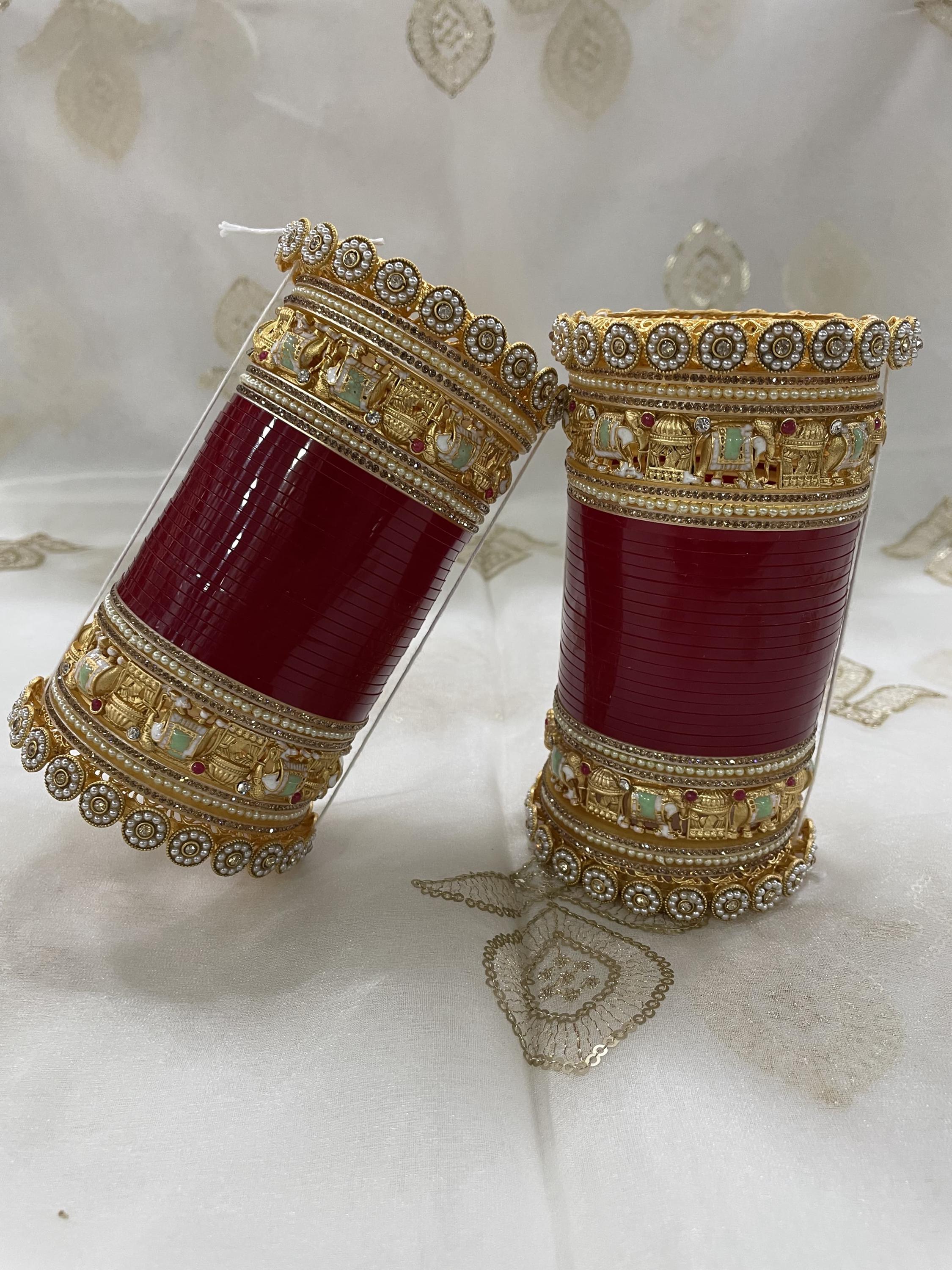 Indian Bridal Chura Set with Elephant Kada – Punjabi Wedding Bangles, Bridal Chooda, Chooda for Bride | Wedding Chuda for Bride | Red Chuda