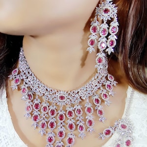 AmericanDiamond Necklace Set,Indian Jewellery,Cz Necklace Set,Bollywood Bridal Necklace,Silver tone Wedding Jewellery,Wedding Gift for Women