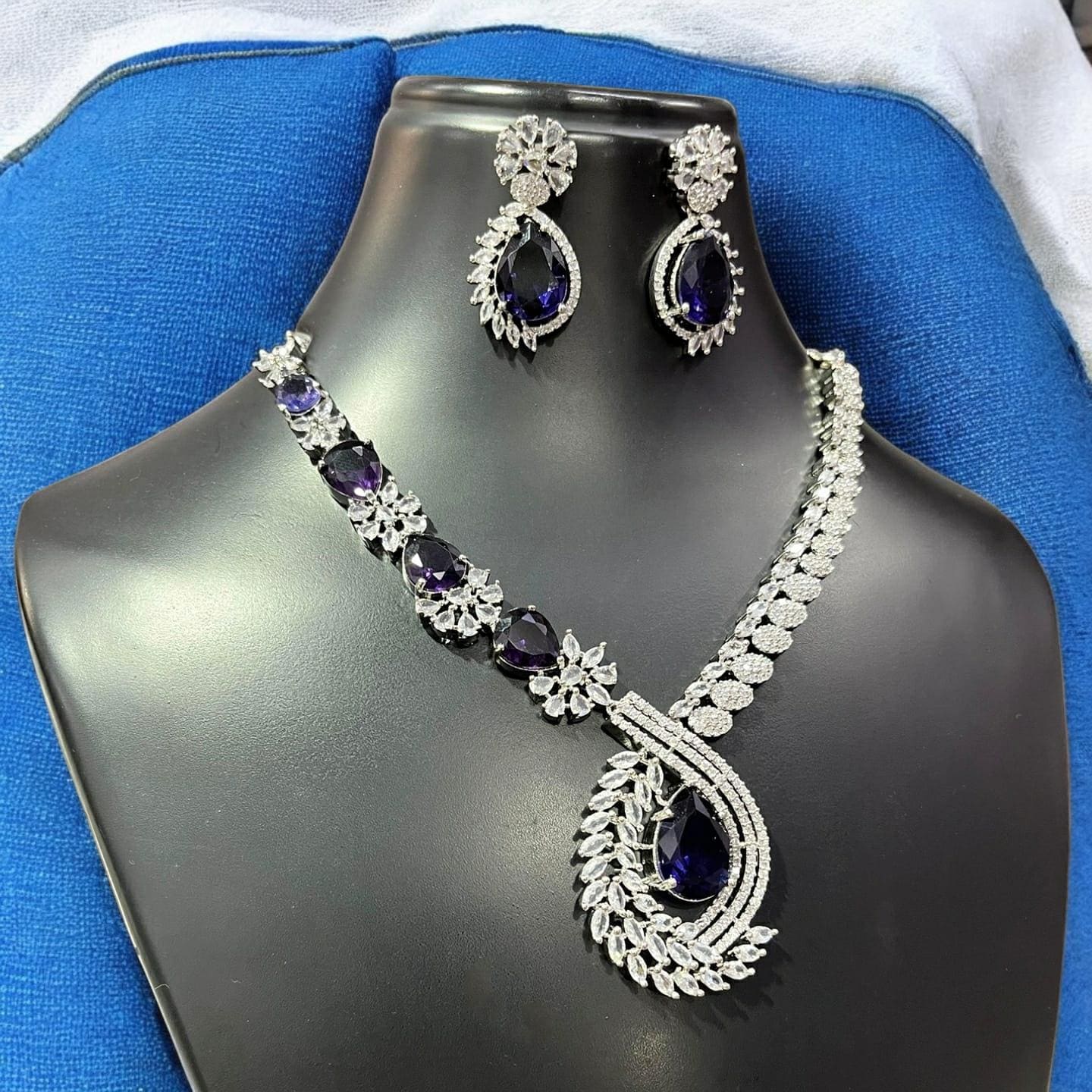 Indian Silver finish AD Necklace Set, American Diamond Earring Necklace  Set, Statement Jewellery Bridal Indian Jewellery