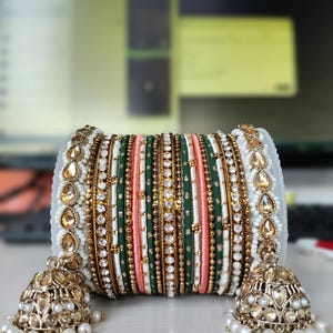 Green and Peach Bridal Bangle Set with Kundan Jhumki Bangle Set , Wedding Jewellery, Jewellery for Nikah, Hand Jewellery with hanging Latkan