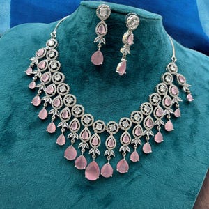 Silver Necklace,Cz Necklace American Diamond Necklace Earring Set,Indian Silver Statement Necklace,Bridal Wedding Necklace, Bridal Jewellery
