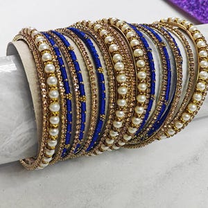 Royal Blue & Champagne Pearl Bangle Set – Ethnic Indian Jewelry, Traditional Bridal Kangans , Gift for Women, Gift for her , Gift for Bride