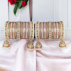 Pink Bridal Indian Bangles Bracelet Set with Jhumki Borders, Indian wedding bangle set, Pakistani Nikah South Asian Bridal, Hand Jewellery