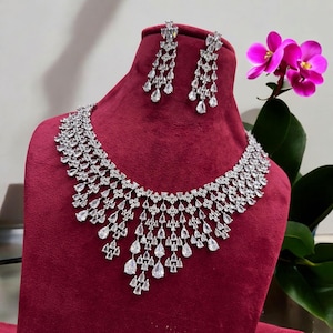 Silver American Diamond necklace, Diamond/CZ Stones Necklace Set, Statement Jewellery, Wedding Bridal Jewellery, Gift for her