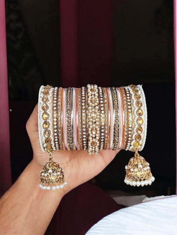 Pink Pearl Jhumki Bangles, Indian Bridal Jewelry Set - Etsy