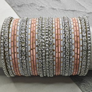 Rose Gold Silver Finish Indian Bangle Set - Indian Jewelry ,Bollywood Bangles Asian Bangles Silver, Jewellery for special occasion, Wedding