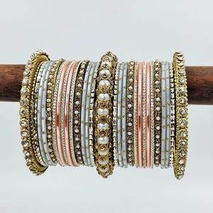 Grey and Peach Indian Bridal Bangles Set, Pearl Kada, Bridesmaid jewelry ,Bridal Jewellery ,Jewellery for Nikah, Festival Jewellery, Kada