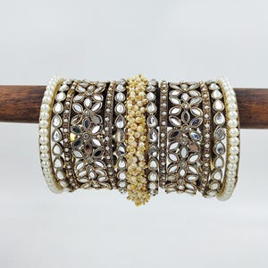 Indian Pearl bangles set with stone work kada, Indian bangles, Wedding jewelry, Pakistani Nikah Jewellery, Bridal Jewellery, Indian Festival