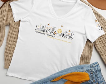 Women’s Relaxed V-Neck T-Shirt – “Gardeners for Democracy”