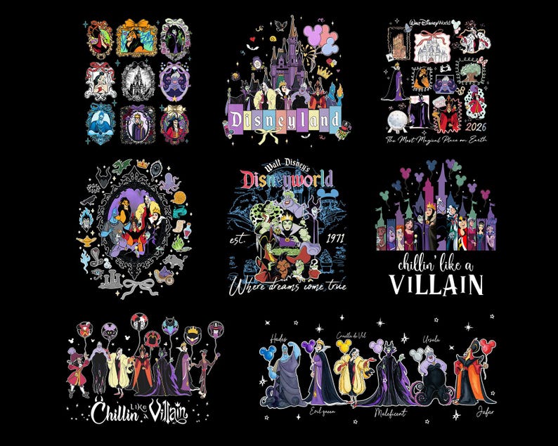 May include: A collection of graphic designs featuring Disney villains. The designs include illustrations of characters like Maleficent and Ursula, along with text such as "Disneyland" and "chillin' like a VILLAIN" on a black background.